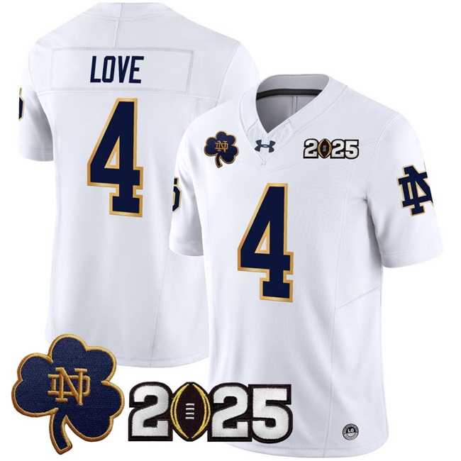 Men%27s Notre Dame Fighting Irish #4 Jeremiyah Love White F.U.S.E. 2025 CFP Final Patch Jersey Dzhi->ohio state buckeyes->NCAA Jersey